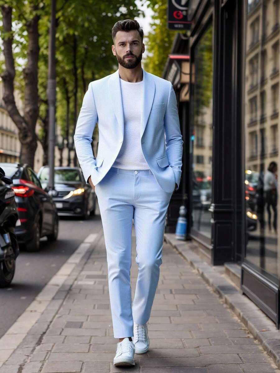 Calvornis Conjunto de Terno de Negócios e Passeio Masculino de Cor Sólida (Jaqueta e Calça)