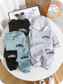 SHEIN 6 件装男婴/女婴可爱时尚字母印花连帽衫和裤子套装，黑色/蓝色/灰色，加厚保暖内衬，适合秋冬季户外运动 - 黑色 - 查看 1