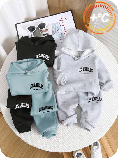 SHEIN Set de 6 piezas de sudaderas con capucha y pantalones estampados con letras lindos para niño/niña, en negro/azul/gris, con forro térmico grueso para otoño/invierno y deportes al aire libre