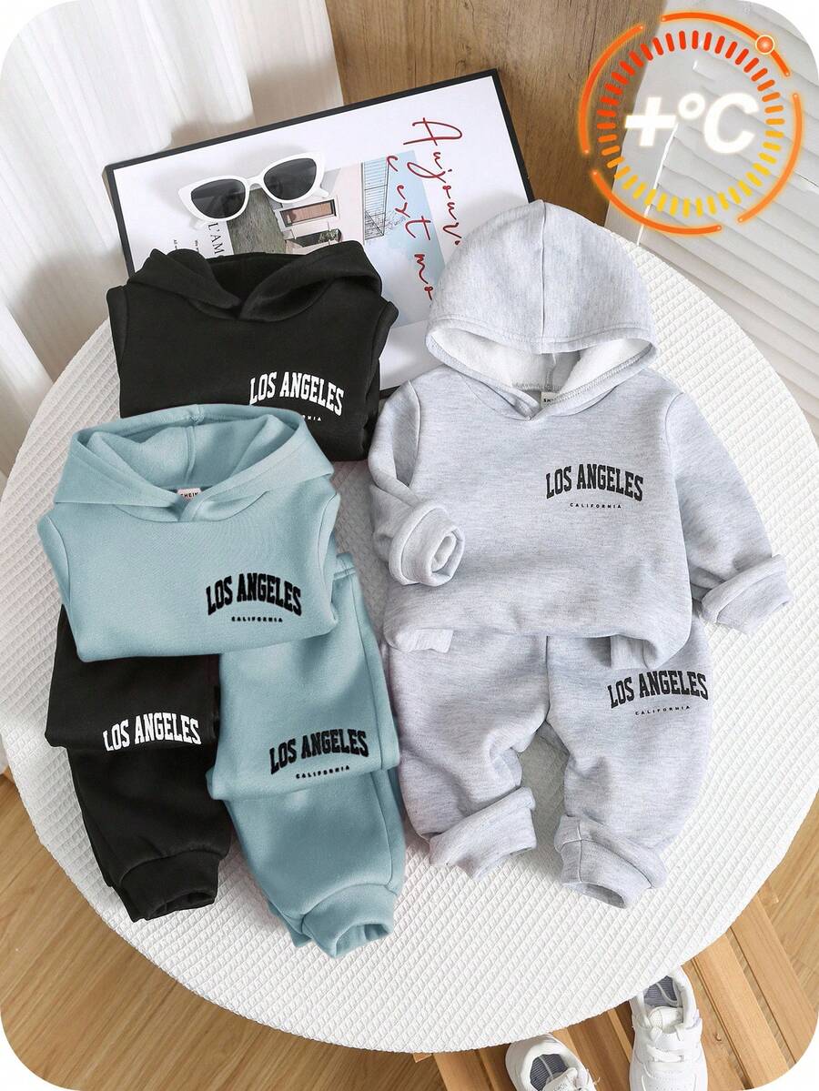 SHEIN 6 件装男婴/女婴可爱时尚字母印花连帽衫和裤子套装,黑色/蓝色/灰色,加厚保暖内衬,适合秋冬季户外运动 - 黑色 - 查看 1