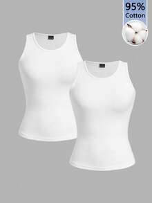 Tseoso 2pcs Casual Round Neck Slim Fit Women's Tank Top Suitable For Summer Back To School, Early Autumn, Winter, 95% Cotton, Suitable For Summer, Vintage, Cute Summer Top, Soft-Girl, Summer Outing Items, Home, Back To School, Fall Women , Versatile, Teacher, Office For Women, Going Out Top Women, Gift For Mom - White - View 2