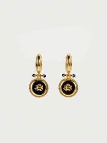 Glisma 18K Gold-Plated Classic Black Stud Earrings,Work,Casual,Shopping,Vintage,PREMIUM,Metallic/Texture,Work,Casual,Shopping,Vintage,PREMIUM,Metallic/Texture,Western Jewelry,Old Money,Gemstone,Outfits,Fall/Autumn/Winter,For Mom/Women/Girl/Mother,Premium - Gold - View 2