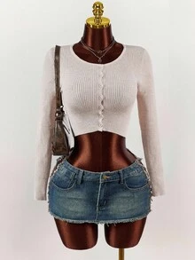 Amplova Cárdigan corto de punto acanalado, Tops de manga larga - Beis - Ver 2