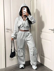 BamGleam 女士休闲简约拉链抽绳卫衣，秋季款 - 淺灰色 - 查看 6