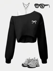 Sparklyn Asymmetrical Sleeve Casual Cute Y2k Comfortable Sweatshirt For Teen Girls Autumn Back-To-School Black - Black - View 1
