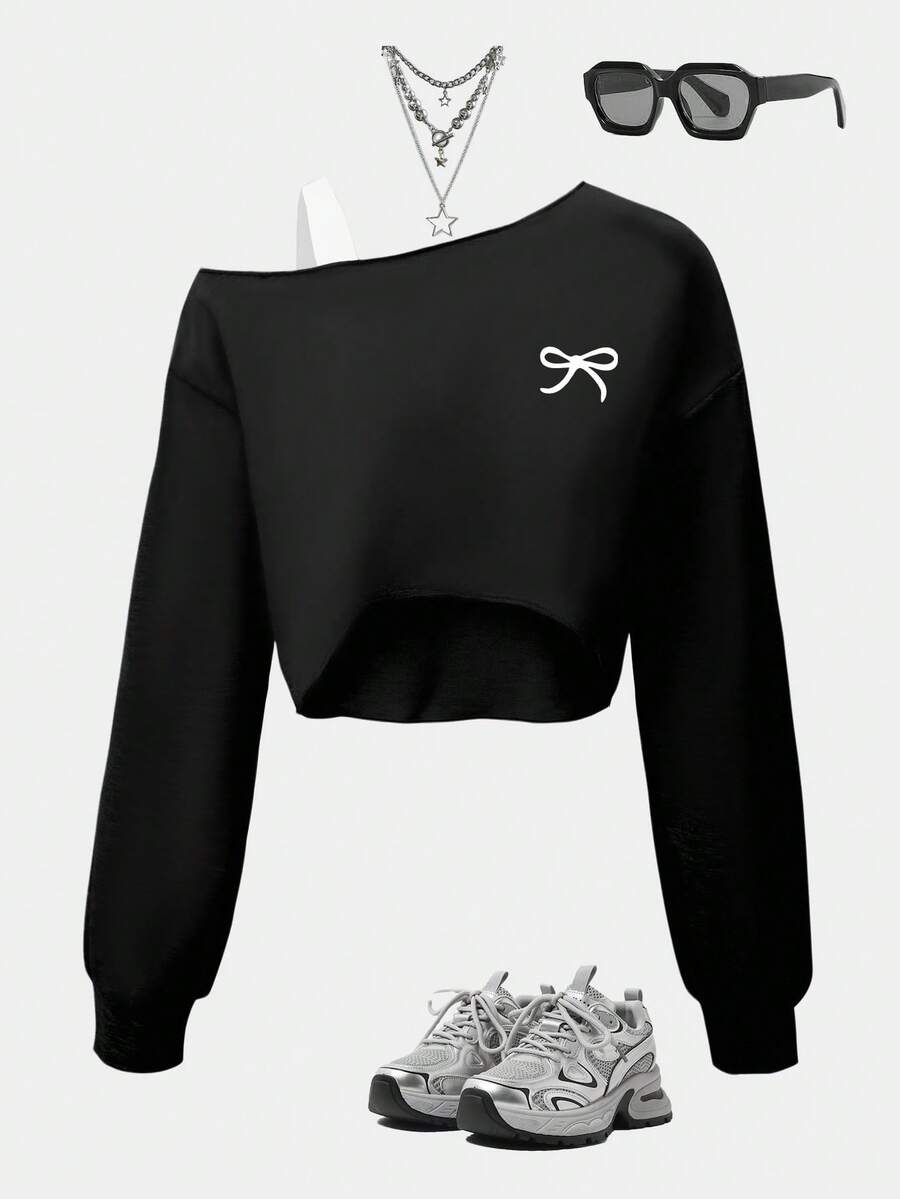 Sparklyn Asymmetrical Sleeve Casual Cute Y2k Comfortable Sweatshirt For Teen Girls Autumn Back-To-School Black - Black - View 1