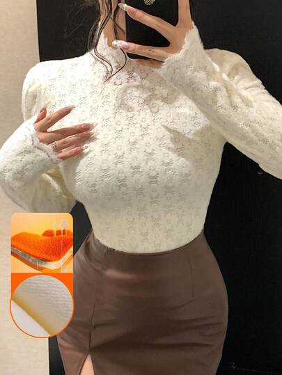 DAZY Women's Slim Fit Elegant Fleece T-Shirt, Autumn/Winter New Arrival Long Sleeve Top