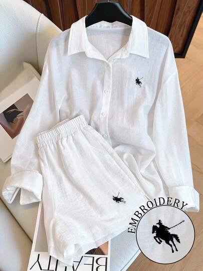 Resyla Plus Size Embroidered Logo Shorts & Long Sleeve Solid Color Shirt 2 Pieces Set