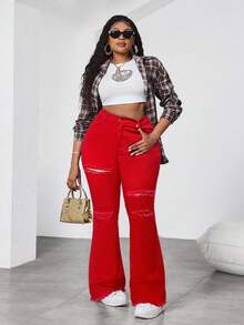 Dripcurv Calça jeans flare preta plus size com detalhes destroyed e stretch, legging jeans estilo streetwear feminino, moderna, grunge punk, streetwear, jeans Y2K para volta às aulas e look casual. - Vermelho - Ver 3