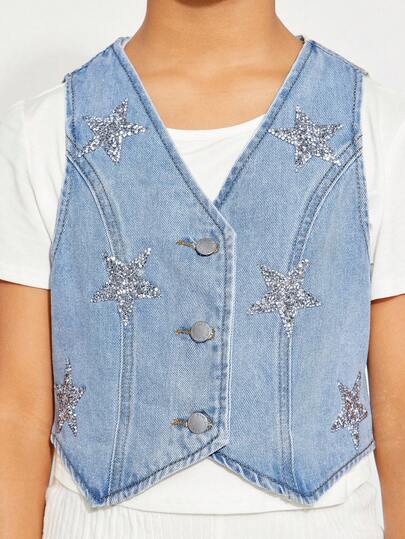 Radiana Tween Girls' Casual Sleeveless Denim Vest Jacket With Star Pattern Sequin Decoration For Spring Summer Beach Vacation Outfits