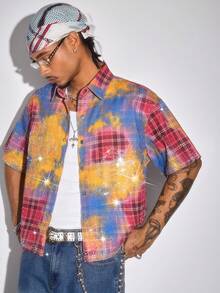 ROMWE MEN Street Life 男士格子短袖水钻设计单排扣休闲牛仔衬衫 - 彩色 - 查看 7