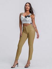 SHEIN Essnce 女式简约纯色磨边口袋紧身牛仔裤 - 卡其色 - 查看 4