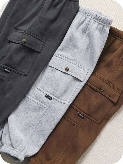 SHEIN 3 st varma fleecebyxor för barn och pojkar i svart, brunt och grått, lämpliga för skolan, nyårsutflykter och skidåkning