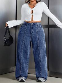 SHEIN CURVE+ Plus Size Casual Simple Denim Jeans, Suitable For Summer,Curve Plus ,Hoho Vacation - Blue - View 3