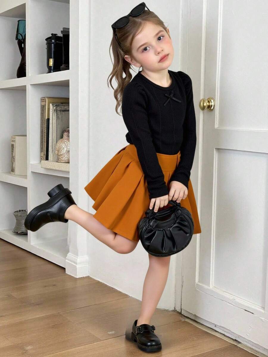 Elladie kids Young Girls Cute Lantern Sleeve, Bow Decor Black Basic Top, Paired With Pleated Khaki Skirt T-Shirt Set Fall Winter - Black - View 1