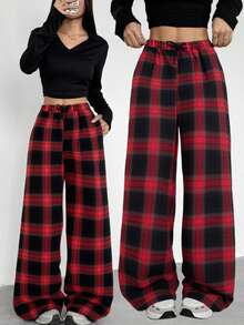 Sparklyn Teen Girls Plaid Print Casual Pants, Suitable For Daily, Commuting, School Campus, Hanging Out - Autumn