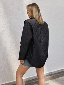 SHEIN Cottnline Quilted Jacket, Button Up Puffer, Lightweight Outerwear, Casual Fall Coat, Casual Street Style - Black - View 2
