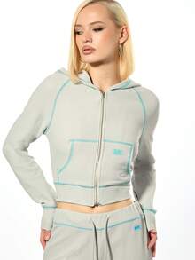 SUMWON WOMEN 女式华夫格针织全拉链连帽衫，配有抽绳兜帽和中央口袋，秋冬休闲运动衫 - 灰色 - 查看 6