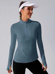 With My Calm Women's Sports Half Zip Long Sleeve Top With Thumb Holes - Blue - View 4