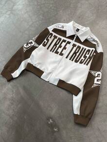 PAVTROS Veste courte zippée décontractée pour homme, imprimé lettres bicolore, automne - Tabac - Voir 1