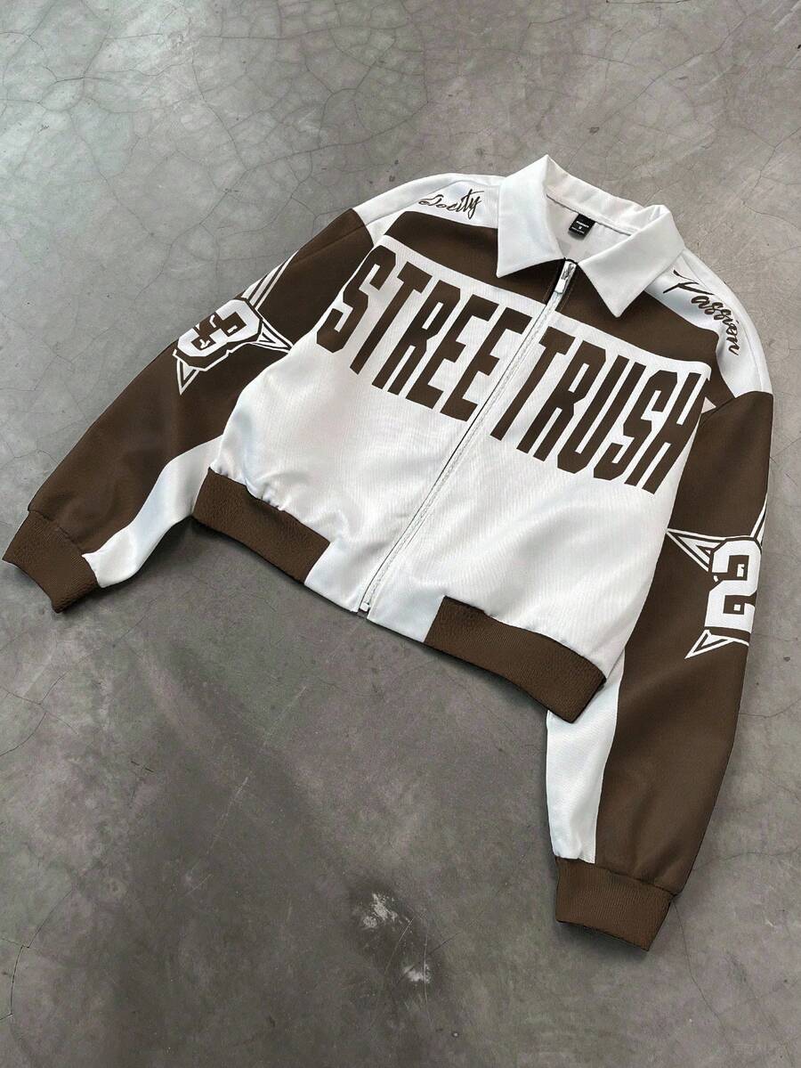 PAVTROS Veste courte zippée décontractée pour homme, imprimé lettres bicolore, automne - Tabac - Voir 1