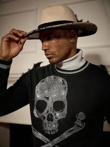 Manfinity Homme Men's Casual Rhinestone Skull Graphic Crew Neck Sweater, Autumn/Winter Halloween All Saints' Day - Black - View 6