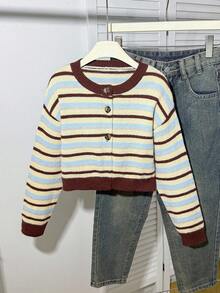Tween Girl Colorblock Striped Casual Cardigan, Suitable For Home, Outings, Gatherings, Back To School Winter Christmas Halloween Cardigan Sweater Autumn Fall Jumper - Multicolor - View 3