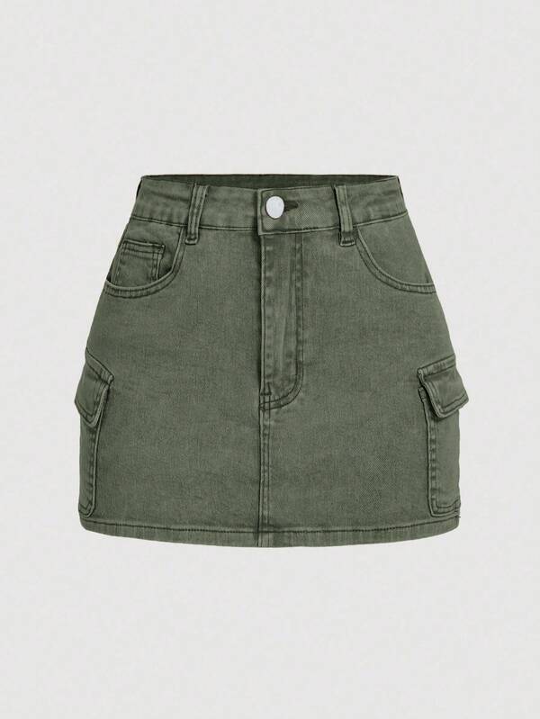 SHEIN MOD Women's Fashion Casual Pocket Mini Denim Skirt,Christmas,  Christmas Women's Clothing ,Christmas Clothes New Green Jeans, Y2K Street Fashion Everyday Wear