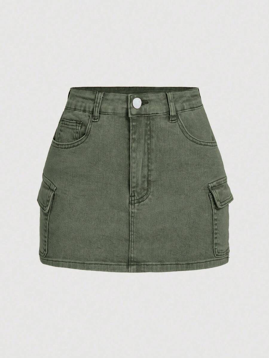 SHEIN MOD 女士时尚休闲口袋迷你牛仔裙 - 軍綠色 - 查看 1
