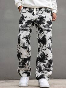 Claim Dot 男士扎染黑白撞色直筒裤 宽松裤 INS 黑白泼漆纹理宽松休闲裤 外出长款直筒休闲裤 送老公、男友礼物 秋季