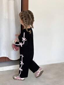 SHEIN Baby Girl Casual Set With Bow Decor Round Neck Long Sleeve T-Shirt And Pants, Autumn Fall Winter - Black - View 5