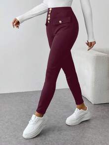 EMERY ROSE Women's Casual Solid Color Slim Fit Pants - Red Violet - View 4