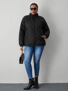 SHEIN Tall CURVE Chaqueta casual de talla grande para mujer, de unicolor y con forro térmico, para otoño/invierno - Negro - Ver 5