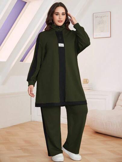 Lacomfia 2pcs Plus Size Casual Color Block Stand Collar Loose Top And Pants Set, Autumn 2 Pieces Set