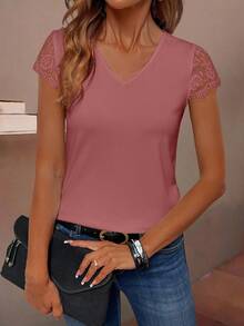 EMERY ROSE Áo thun tay ngắn cổ chữ V phối ren đơn giản cho nữ, mùa hè - Màu Hồng  San hô - Xem 3