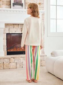 SHEIN 青少年女孩卡通印花圆领长袖上衣和条纹裤睡衣套装 - 杏色 - 查看 2