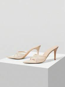 MOTF PREMIUM Giày sandal cao gót lưới mũi nhọn - Màu be - Xem 4