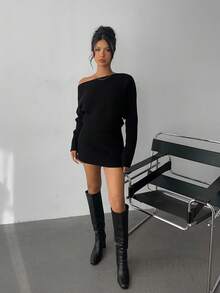 Aloruh Women's Casual Y2K Fashion Black Ribbed Asymmetric Collar Long Sleeve Loose Bodycon Mini Sweater Dress, Autumn/Winter