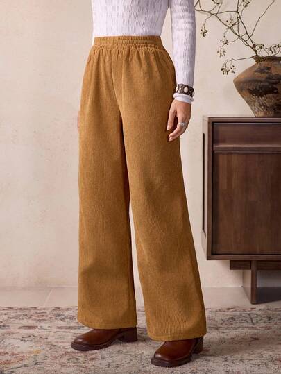 LanaWest 女士纯色休闲灯芯绒宽松直筒裤，时尚适合日常穿着，秋冬