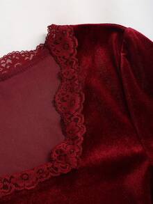 Sweetra Camiseta versátil de mujer con cuello de encaje y mangas acampanadas estilo vintage francés