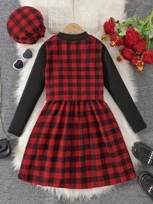 Sparklyn Áo khoác vest không tay kẻ caro đỏ đen cổ điển cho bé gái, kết hợp với áo cổ lọ tay dài và chân váy cạp chun, bộ 3 món - Đỏ - Xem 2