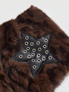 ROMWE Hippie Women's Y2K Harajuku Leopard Faux Fur Crop Top With Star Pocket Two Pieces Set - Brown - View 3