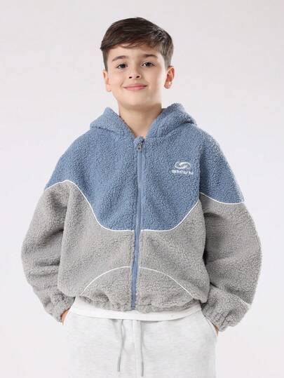 SUMWON Kids Half Zip Teddy Fleece Jacket With Hood Cozy Winter Sherpa Color Block Design Plush Outerwear Casual Everyday Wear Comfortable Warm