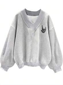 SHEIN EZwear Áo nỉ dáng rộng cổ chữ V họa tiết cử chỉ tay tối giản dành cho nữ cỡ lớn, phù hợp cho mùa thu/đông - Màu Xám nhạt - Xem 1