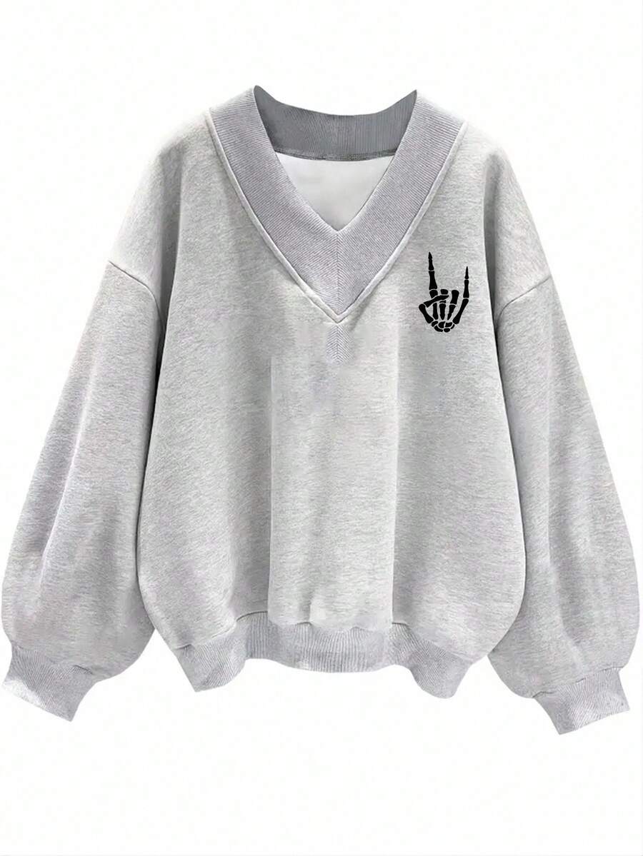 SHEIN EZwear Áo nỉ dáng rộng cổ chữ V họa tiết cử chỉ tay tối giản dành cho nữ cỡ lớn, phù hợp cho mùa thu/đông - Màu Xám nhạt - Xem 1