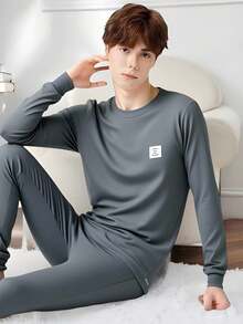 SHEIN Teen Boys' Slim Fit Gray Long Sleeve Top And Pants Set, Casual Collegiate Style, Comfortable And Versatile, Soft Fabric, Suitable For Daily Wear, School, Outings, Outdoor Activities, And Home, Base Layer For Autumn/Winter, Back To School Outfit Teen Loungewear Sets Teen Boys Cotton Sets Teen Boy Pajama Set Boys Cotton Pajama Sets - Grey - View 3