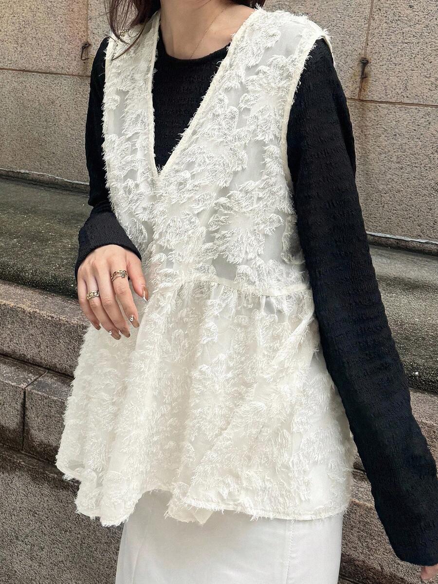 FRIFUL 女士V领纹理面料宽松无袖背心外套 白色网纱背心 白色蕾丝背心 叠层背心 白色泡泡袖背心 女式外套 - 米色 - 查看 1