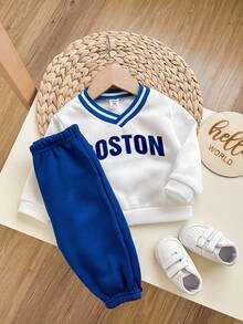 2 件套男婴/女婴蓝色羊毛图案 V 领运动衫和慢跑裤套装，适合秋冬户外休闲运动装 - 藍白色 - 查看 4