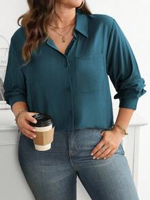 Vionelle 大码休闲百搭纯色长袖衬衫 - 水鴨藍 - 查看 3