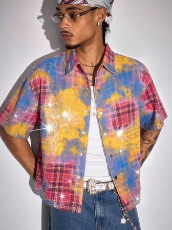 Street Life Chemise en jean décontractée à manches courtes à carreaux avec design de strass, à simple boutonnage pour hommes